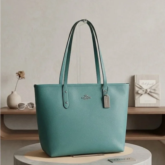 Coach City Zip Blue Leather Tote - Picture 1 of 6